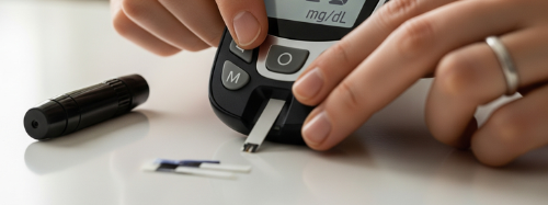 Woman checking blood sugar with meter.